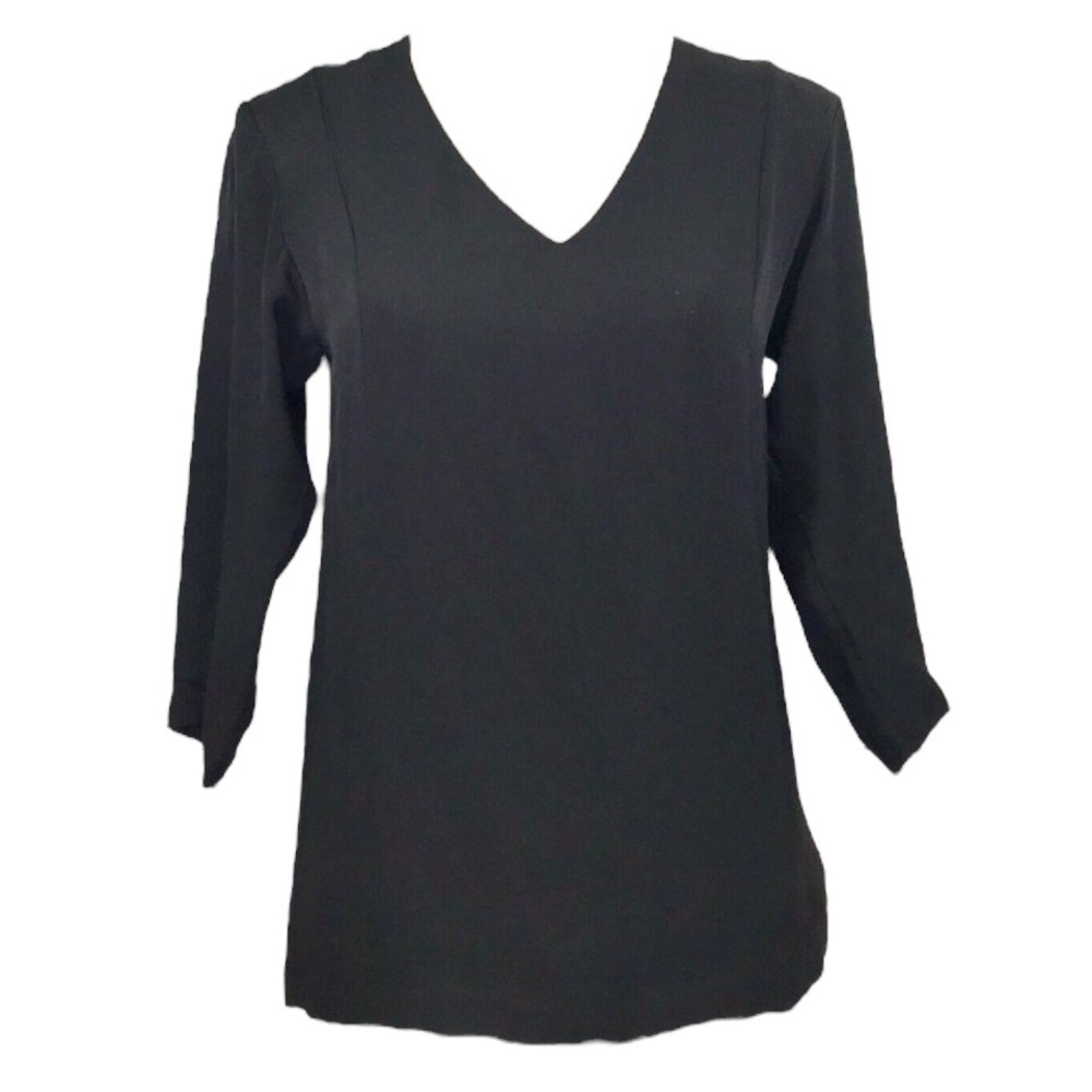 Theory Women's Size P Blouse V-Neck 3/4 Sleeve Solid Black 100% Silk Sheer Back